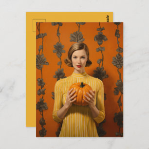 Retro Woman Holding Pumpkin Postkarte
