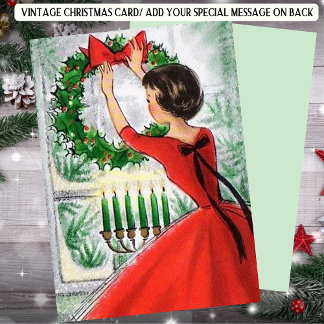 Retro Woman in Red Wreath Christmas Feiertagskarte