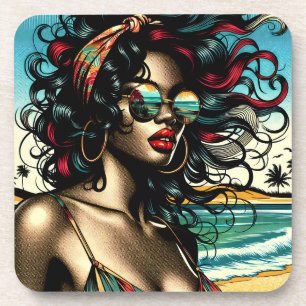 Retro Woman on Beach Comic Style Pop Art Getränkeuntersetzer