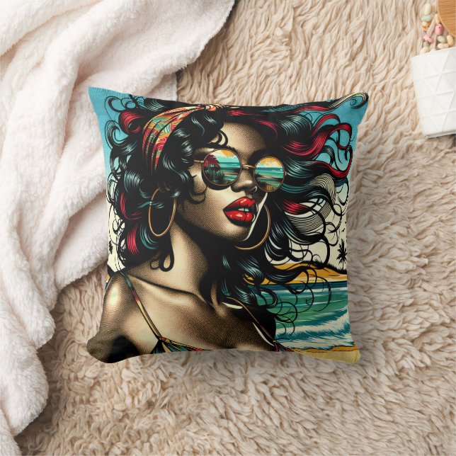 Retro Woman on Beach Comic Style Pop Art Kissen (Decke)