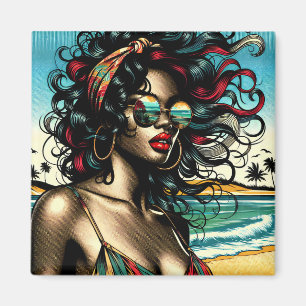 Retro Woman on Beach Comic Style Pop Art Magnet