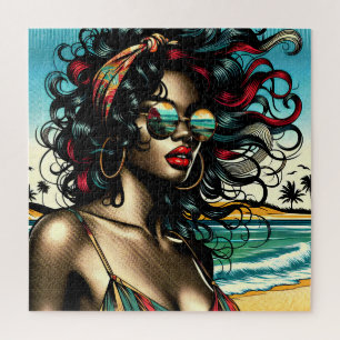 Retro Woman on Beach Comic Style Pop Art Puzzle