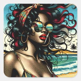 Retro Woman on Beach Comic Style Pop Art Quadratischer Aufkleber