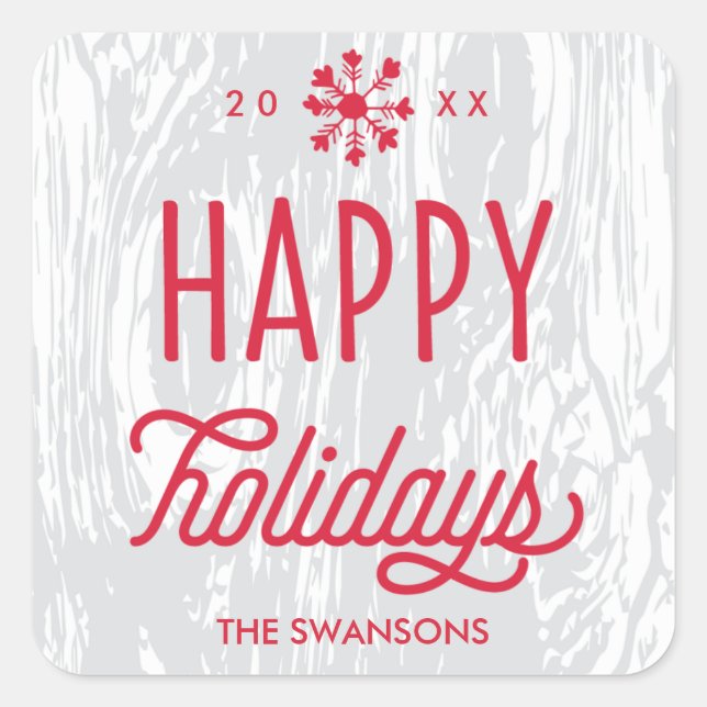 Retro Woodgrain Happy Holidays Geschenksticker Quadratischer Aufkleber (Vorderseite)