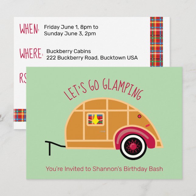 Retro Woodie Teardrop Camper Glamping Einladung (Vorne/Hinten)
