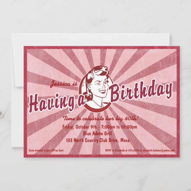 Retro Wow Birhday Einladung - Magenta Red (Vorderseite)