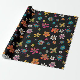 Retro Wrapping Paper - Schwarze Floral Doodles Geschenkpapier