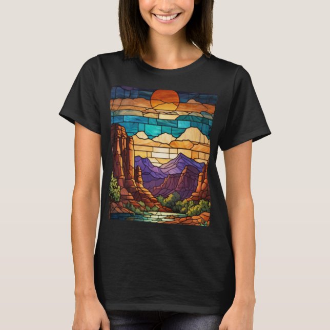 Retro-Wüsten-Szene Sedona Berge Glasmalerei T-Shirt (Vorderseite)