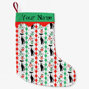 Retro Xmas Cat Stripe Multi Name 2-seitig Kleiner Weihnachtsstrumpf