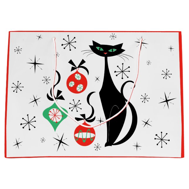 Retro Xmas Katzenrot Große Geschenktüte (Vorderseite)
