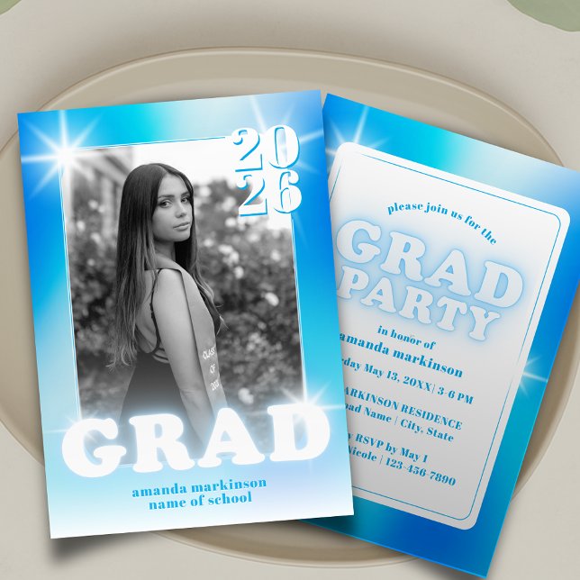 Retro Y2K Cyber Blue Neon Graduation Photo Party Einladung (Von Creator hochgeladen)