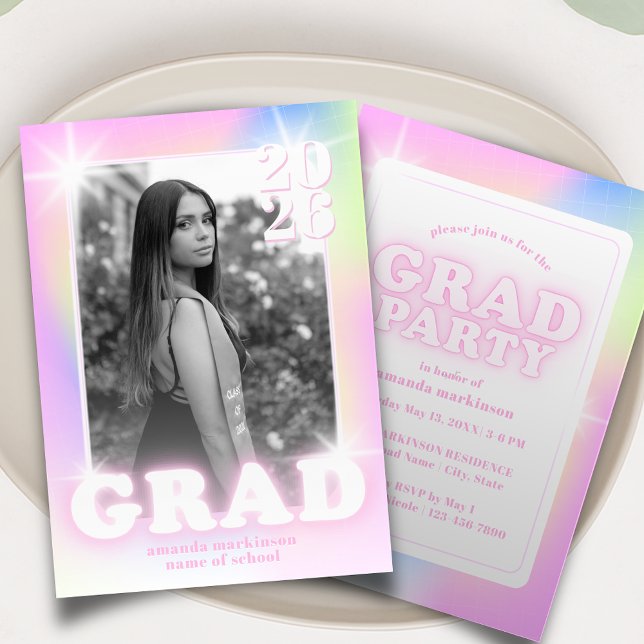 Retro Y2K Cyber Pink Neon Graduation Photo Party Einladung (Von Creator hochgeladen)