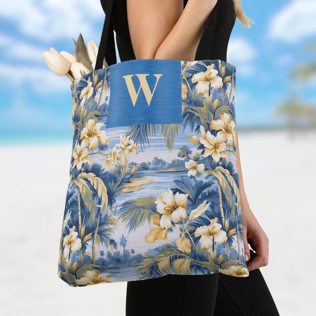 Retro Yellow Blue Floral n Tropical Palms Initial  (Von Creator hochgeladen)