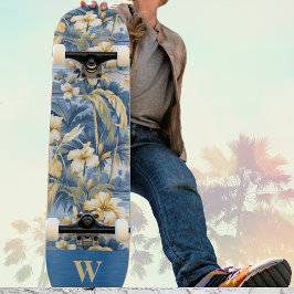 Retro Yellow Blue Floral n Tropical Palms Initial Skateboard