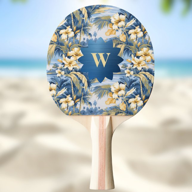 Retro Yellow Blue Floral n Tropical Palms Initial  Tischtennis Schläger (Von Creator hochgeladen)
