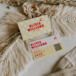 Retro Yellow Bold Groovy Checkered QR Code Visitenkarte