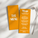 Retro Yellow Bright Groovy Moderne einzigartige Ho Menükarte<br><div class="desc">Ein buntes Retro funky,  moderne,  hellgelbe Hochzeitsmenü. Das Design der schicken Vorlage boho Vintag gelben Hintergrund und oxford blau Typografie und handgeschriebenes Menü in blau . Und heller,  grüner Hintergrund. Perfekt und passend zu der ganzen Suite.</div>