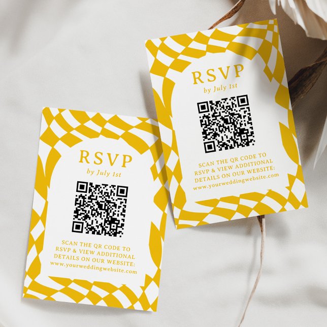 Retro Yellow Checkerboard QR Code Hochzeit RSVP Karte (Von Creator hochgeladen)