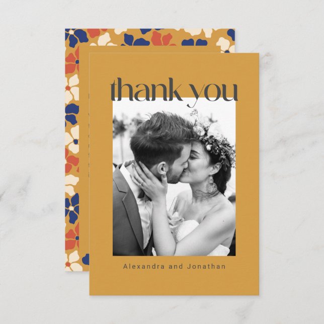 Retro Yellow Floral Custom Message Foto Hochzeit Dankeskarte (Vorne/Hinten)