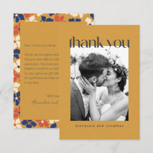 Retro Yellow Floral Custom Message Foto Hochzeit Dankeskarte