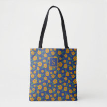 Retro Yellow Flowers Muster Monogram Navy