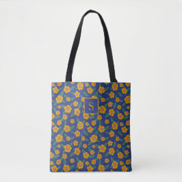 Retro Yellow Flowers Muster Monogram Navy