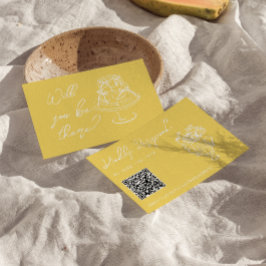 Retro Yellow Hand Drawn Floral QR Code Wedding RSVP Karte