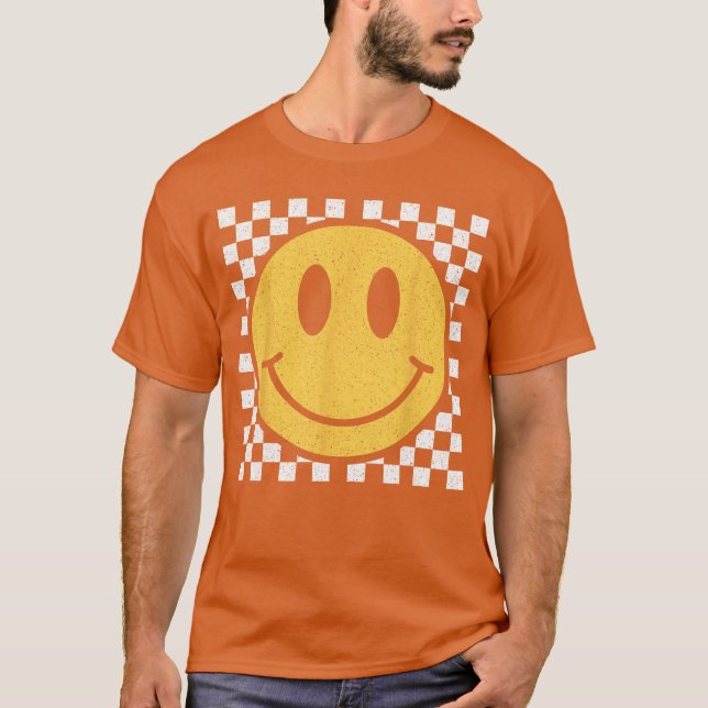 Retro Yellow Happy Face Checkered Pattern Smile Fa T-Shirt (Vorderseite)