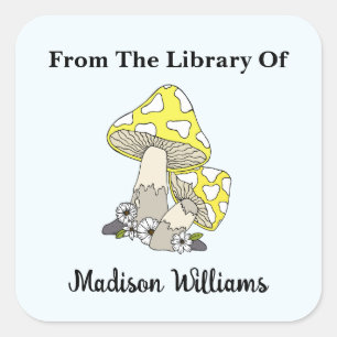 Retro Yellow Mushroom Book Label Quadratischer Aufkleber