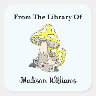 Retro Yellow Mushroom Book Label Quadratischer Aufkleber