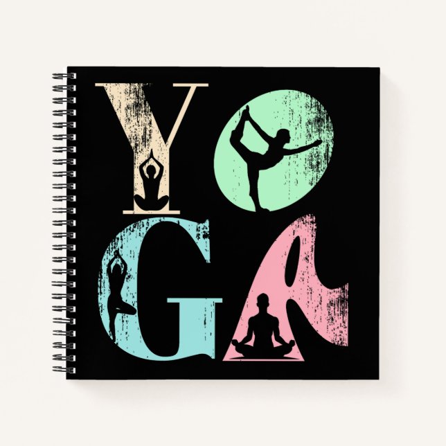 Retro-Yoga-Typografie mit Silhouetten von Posen Notizbuch (Vorderseite)