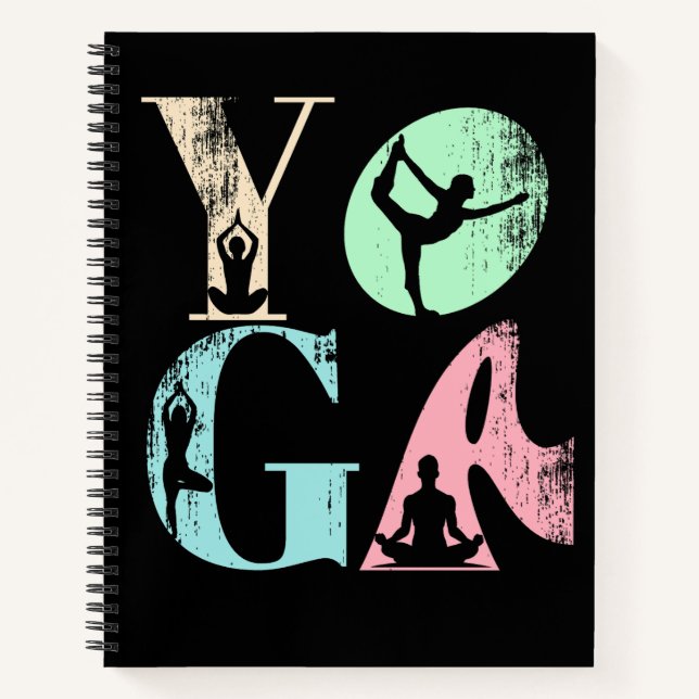 Retro-Yoga-Typografie mit Silhouetten von Posen Notizbuch (Vorderseite)