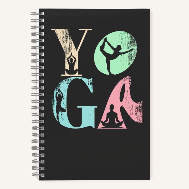 Retro-Yoga-Typografie mit Silhouetten von Posen Notizbuch (Vorderseite)