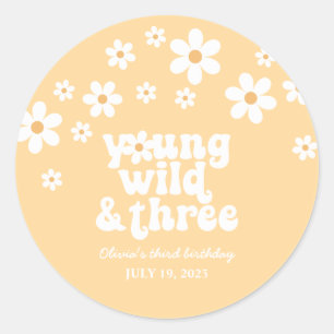 Retro Young Wild three Daisy floral 3. Geburtstag Runder Aufkleber