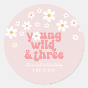Retro Young Wild three Daisy floral 3. Geburtstag Runder Aufkleber