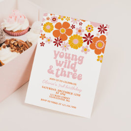 Retro Young Wild Three Floral 3. Geburtstag Einladung