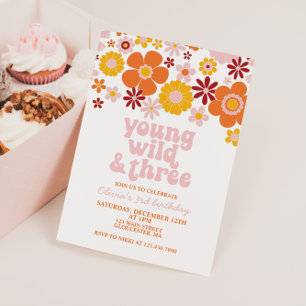 Retro Young Wild Three Floral 3. Geburtstag Einladung