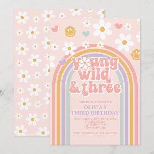 Retro Young Wild und drei Regenbogen 3. Geburtstag Einladung