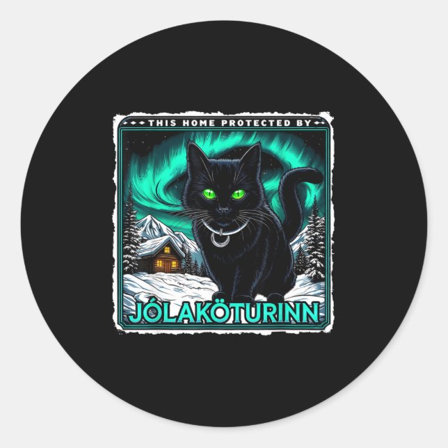 Retro Yule Cat Icelandic This Home Protected Jólak Runder Aufkleber (Vorderseite)
