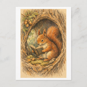 Retro-Zeichnung eines Eichhörnchens beim Lesen in  Postkarte