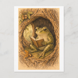 Retro-Zeichnung eines Frosches lesend in einem Bau Postkarte