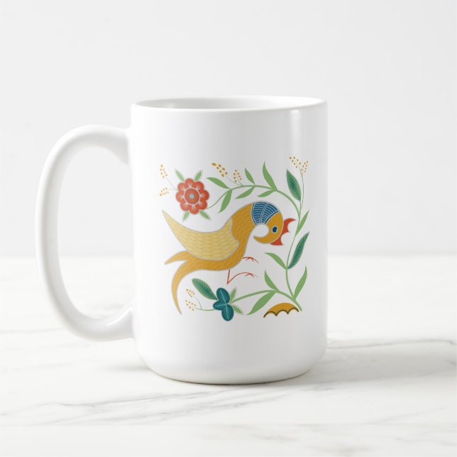 Retro-Zierhähnchen und Blumenhain Kaffeetasse (Links)