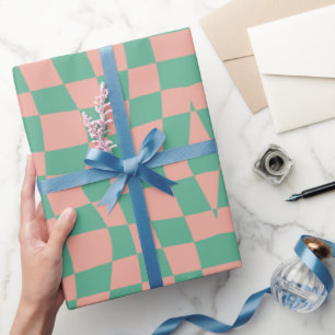 Retro-Zirkus 70er Jahre aqua rosa kariertes Wellen Geschenkpapier