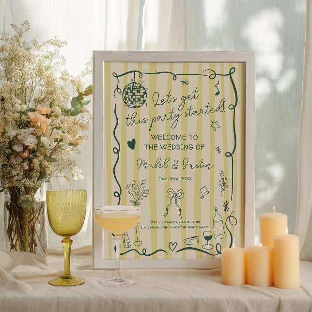 Retro-Zitrusgelbe handgezeichnete Hochzeitsbegrüßu Poster (Retro Citrus Yellow Hand drawn Wedding Welcome Poster)