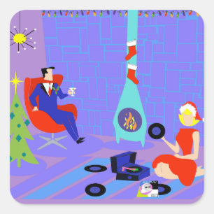 Retro-Zuhause für Weihnachtsaufkleber Quadratischer Aufkleber