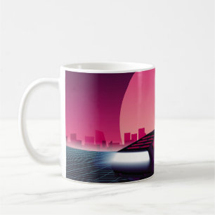 Retro-Zukunft. 80er-Jahre-Sci-Fi-Hintergrund mit S Kaffeetasse