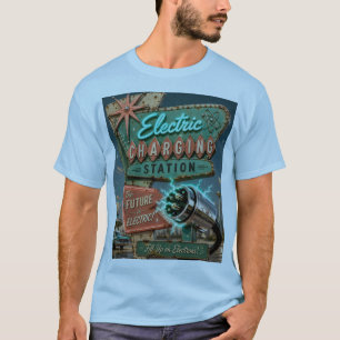 Retro-Zukunft-Elektroauto-Ladestation im Vintage-S T-Shirt