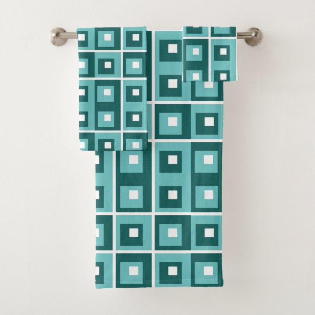 Retroblau geometrisches Quadratmuster Badhandtuch Set (Insitu)