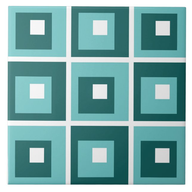 Retroblau geometrisches Quadratmuster Fliese (Vorderseite)