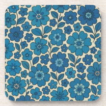 Retroblaue Blumen-Korkuntersetzer-Set aus 6 Teilen
